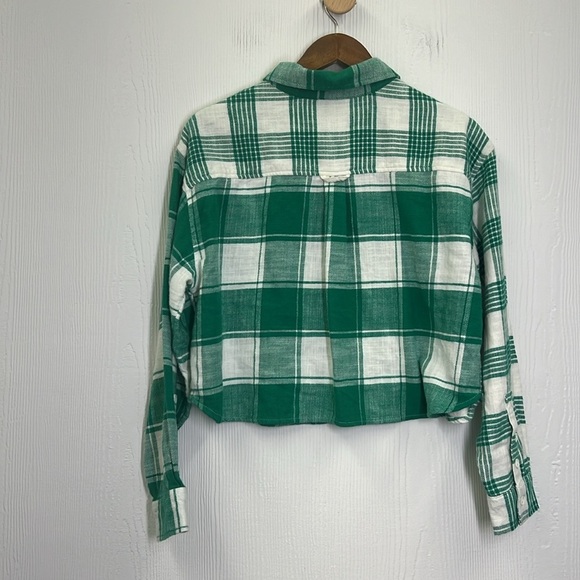 American Eagle - NWT Green Two Different Plaids Button Down Crop Flannel Shirt M - Picture 9 of 10